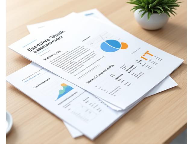 고급스러운 디자인의 Executive Summary 보고서 목업 이미지. 핵심 내용이 요약된 그래프와 텍스트가 강조되어 한눈에 들어오는 가독성을 보여줍니다.