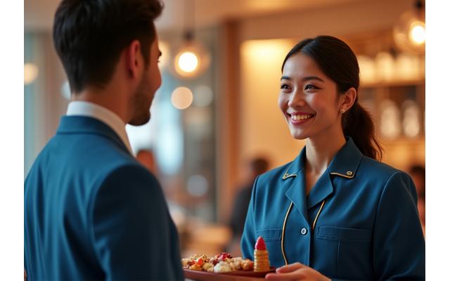 고객과 서비스 직원이 친근하게 대화하며 미소 짓는 모습. 호텔 로비나 프리미엄 카페 같은 서비스 현장을 배경으로 하여 고객 중심의 서비스 품질을 강조.
