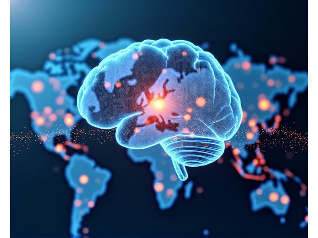 복잡한 데이터 그래프와 알고리즘 모델이 AI 두뇌와 연결되어 공급망을 최적화하는 모습