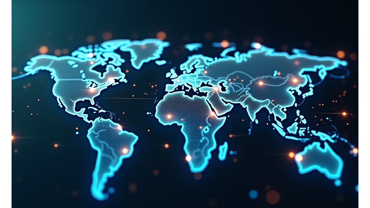 글로벌 스마트 공급망 네트워크를 시각화한 이미지로, 다양한 IoT 센서와 AI 아이콘이 연결되어 데이터를 주고받는 모습